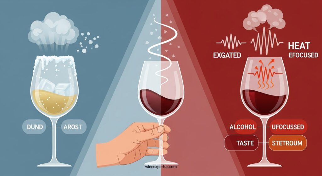 A split-scene infographic illustration showing two scenarios:
Left side – a white wine glass with ice frost on it, dull aroma cloud fading away.
Right side – a red wine glass with heat waves rising, exaggerated alcohol vapors and an unfocused taste spectrum.
Center – a hand gently holding a perfectly tempered wine glass, with soft aromatic swirls rising.
Clean, modern aesthetic with muted color palette and elegant lighting. No text. Discreetly place “wineexpertus.com” on the base of the central glass.