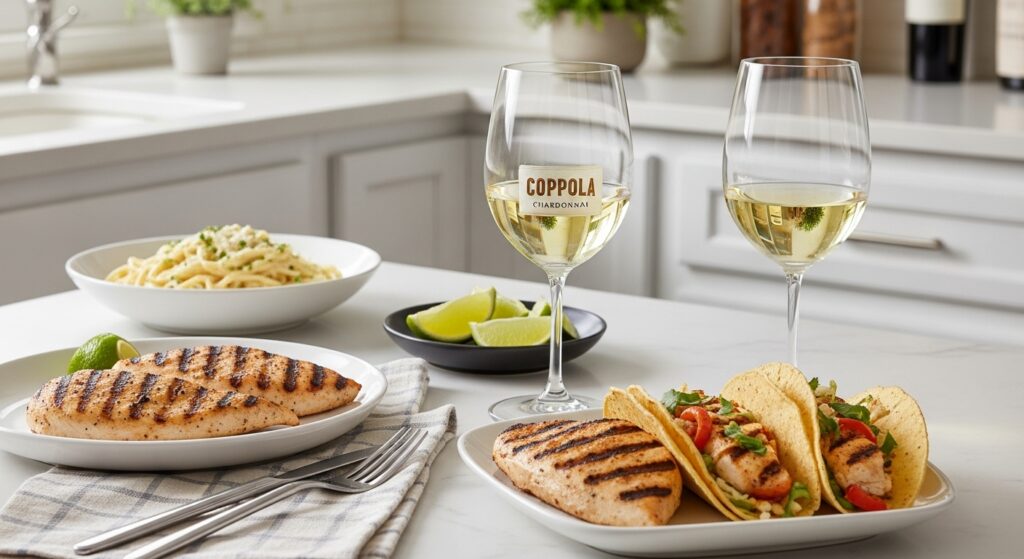 Dishes like grilled chicken, pasta, and fish tacos, perfect food pairings for Coppola Chardonnay.