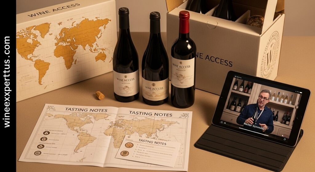 A classy flat lay featuring a Wine Access box partially opened, revealing three globally sourced bottles. Nearby a wine map, tasting notes with icons, a tablet showing a video of a Master Sommelier explaining a wine. Style warm lighting, educational, premium vibe. Subtle “wineexpertus.com” watermark on the tasting card or wine map edge.

