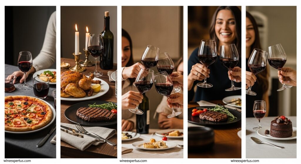 A collage of various occasions perfect for enjoying different types of red wine.

