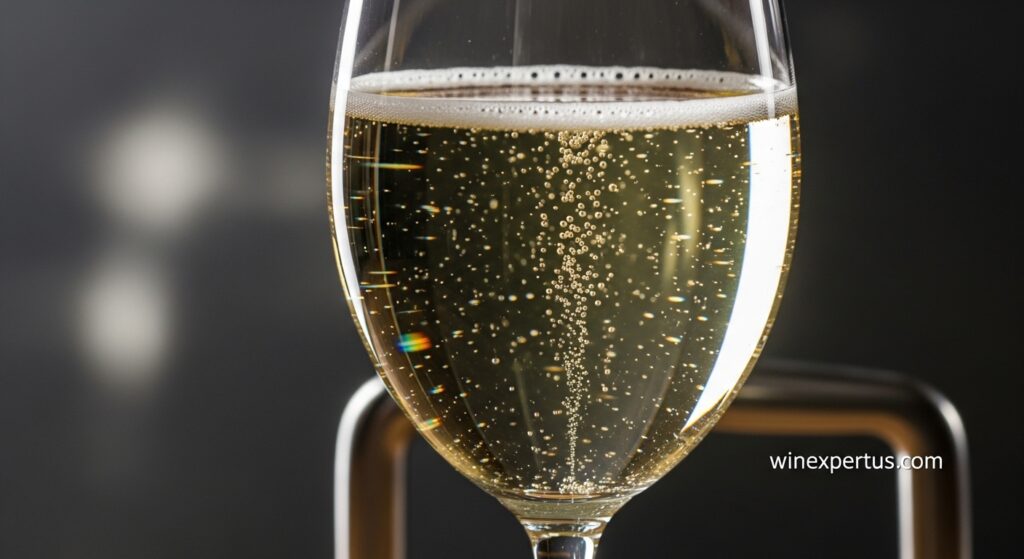 A flute glass filled with sparkling Champagne Chardonnay, showing fine bubbles rising.