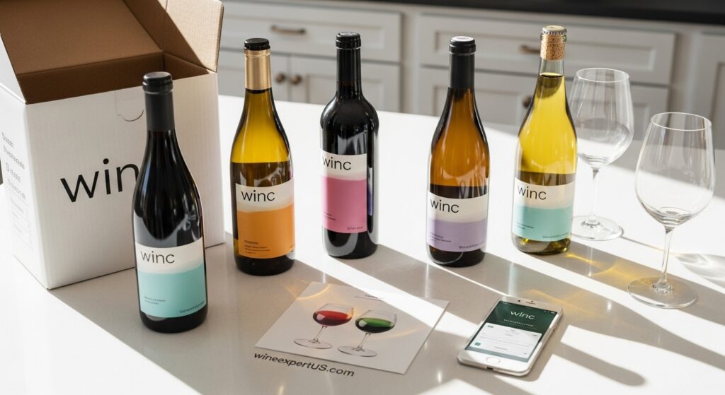 A modern, clean flat lay of a Winc wine box opened on a bright kitchen counter. Include 3 stylish, minimal-label bottles, a tasting card, and a smartphone showing the Winc app. Natural sunlight. “wineexpertus.com” subtly printed on the tasting card or wine glass base.

