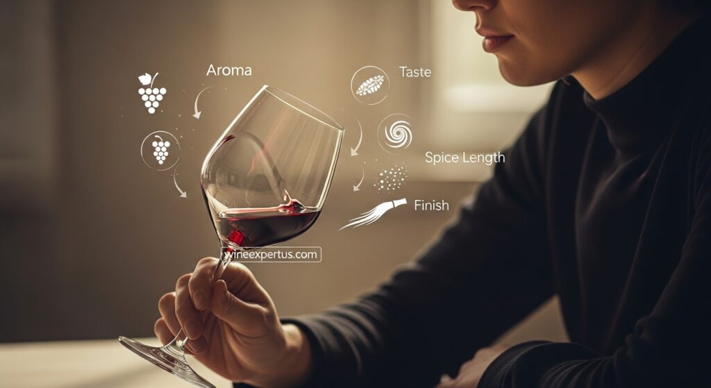 A refined, introspective scene of a person holding a half-full wine glass near their lips, looking contemplative. The swirl in the glass has settled. Visual elements float subtly around them—icons or faint silhouettes representing aroma, taste, finish (e.g., a grape, spice swirl, a long tail representing length). Lighting is soft and golden, conveying depth and calm. Background blurred like a quiet room or wine bar. No text. Discreet “wineexpertus.com” watermark placed on table edge or stem of the glass.