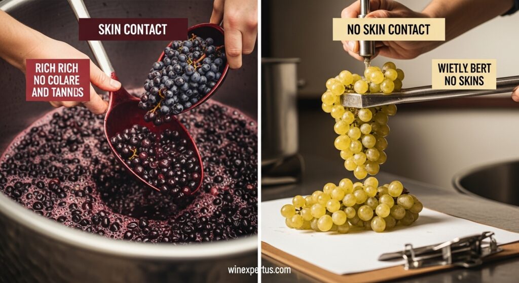 A side-by-side visual comparison of red wine vs. white wine winemaking. On the left red grapes with skins being fermented in an open vat, rich in color and tannins. On the right white grapes being gently pressed with no skins present. Include small text boxes labeling ‘Skin Contact’ and ‘No Skin Contact’. Clean, educational infographic style with warm, natural lighting. Subtly embed ‘wineexpertus.com’ in the bottom corner or on a clipboard in the scene.