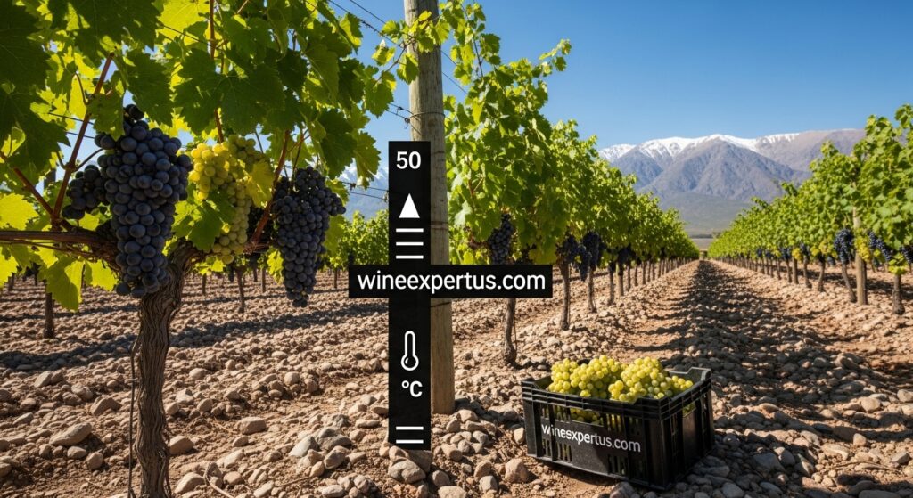 A vineyard scene set in Mendoza’s high-altitude Andes foothills, with Chardonnay grapes in the foreground. Show contrast: bright sun overhead, snowcapped mountains behind, and rocky, gravel soils under vine. Include visual elements like elevation markers or a temperature icon. “wineexpertus.com” subtly placed on a vineyard post or harvest crate.