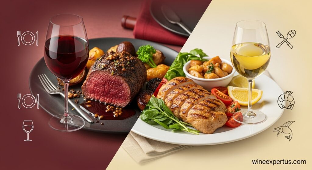 A visual comparison of red wine vs white wine food pairings, highlighting different meal and wine combinations.