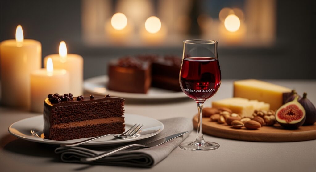 A cozy dessert and wine scene featuring sweet red wine, chocolate cake, and a calm, candlelit setting.

