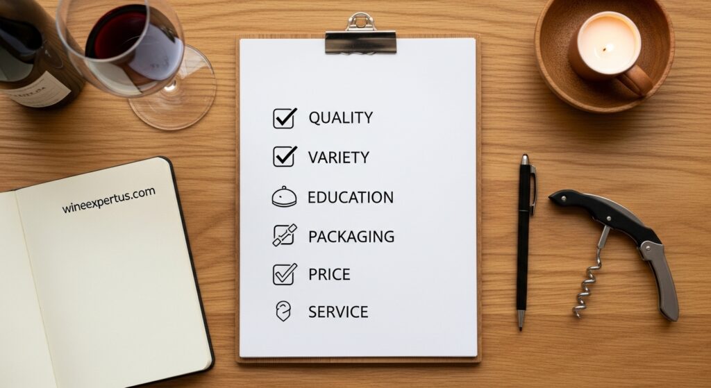 An elegant, modern flat lay image of a checklist on a tasting table. The list includes icons representing quality, variety, education, packaging, price, and service. Nearby wine glass, tasting notebook, and a corkscrew. Mood professional but warm. “wineexpertus.com” watermark subtly written on the notebook corner.

