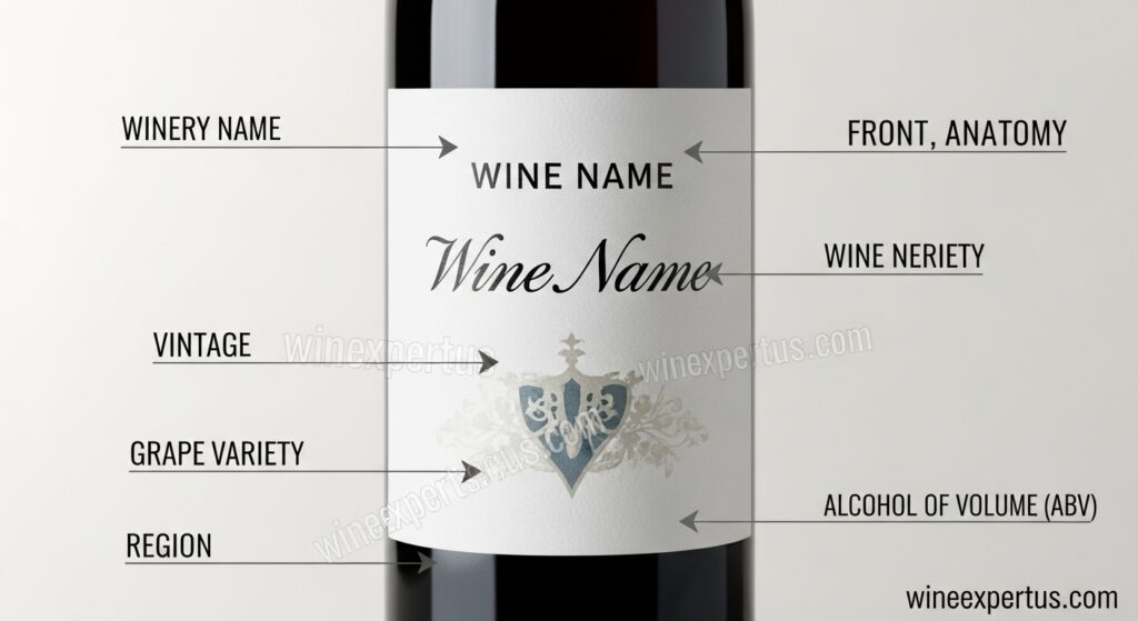 Anatomy of a wine bottle front label showing key information sections for understanding wine