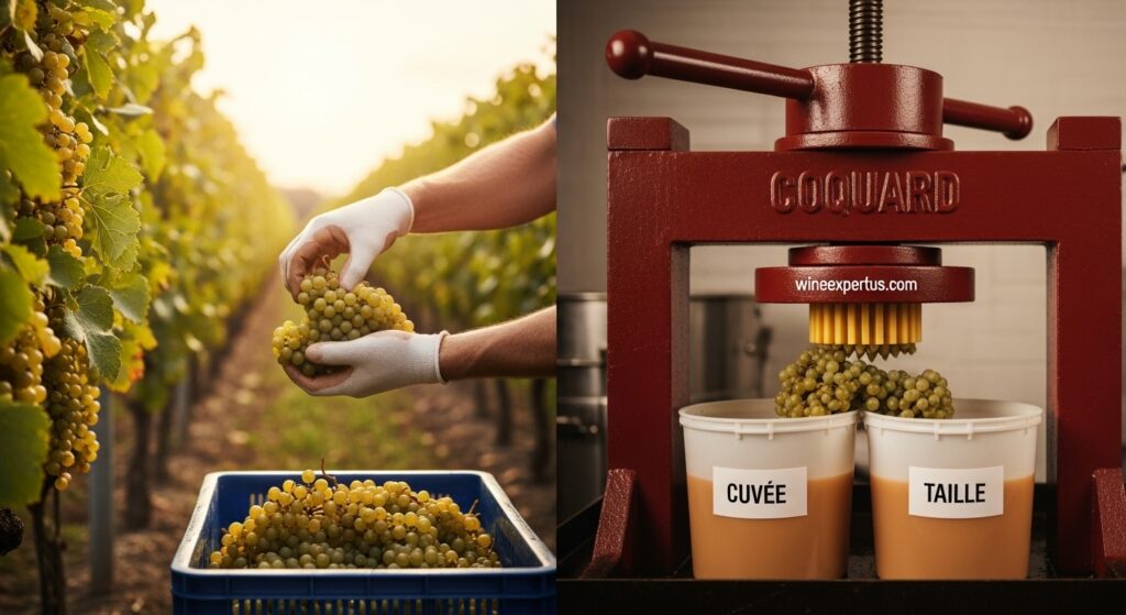 Grapes being hand-harvested and gently pressed in traditional Champagne production.