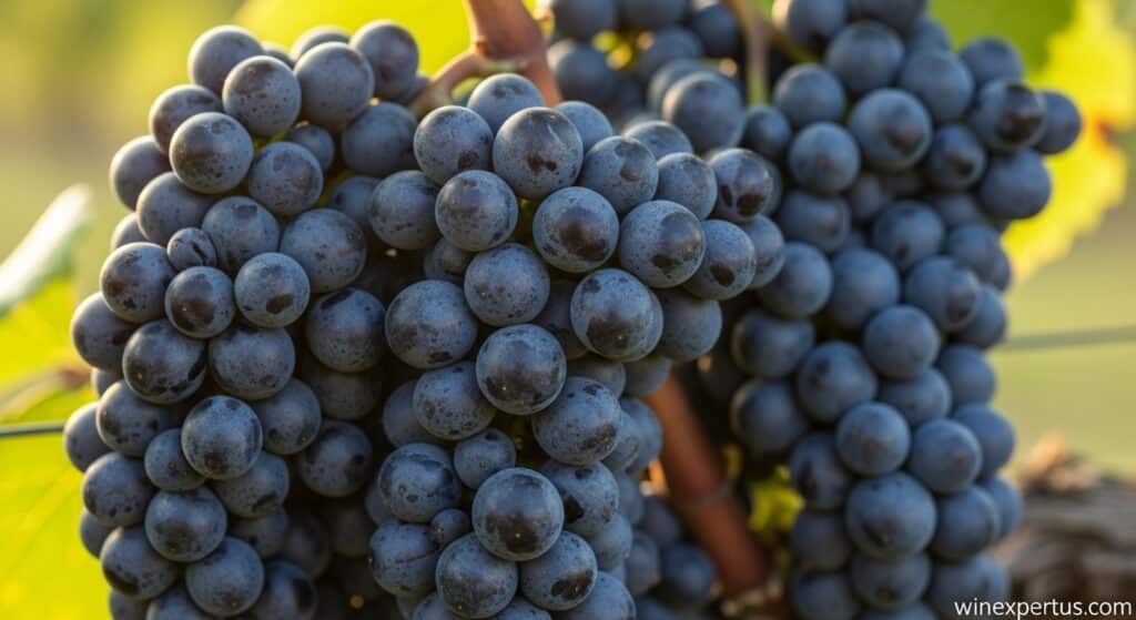 Close-up image of ripe, dark Pinot Noir grape bunches on the vine.