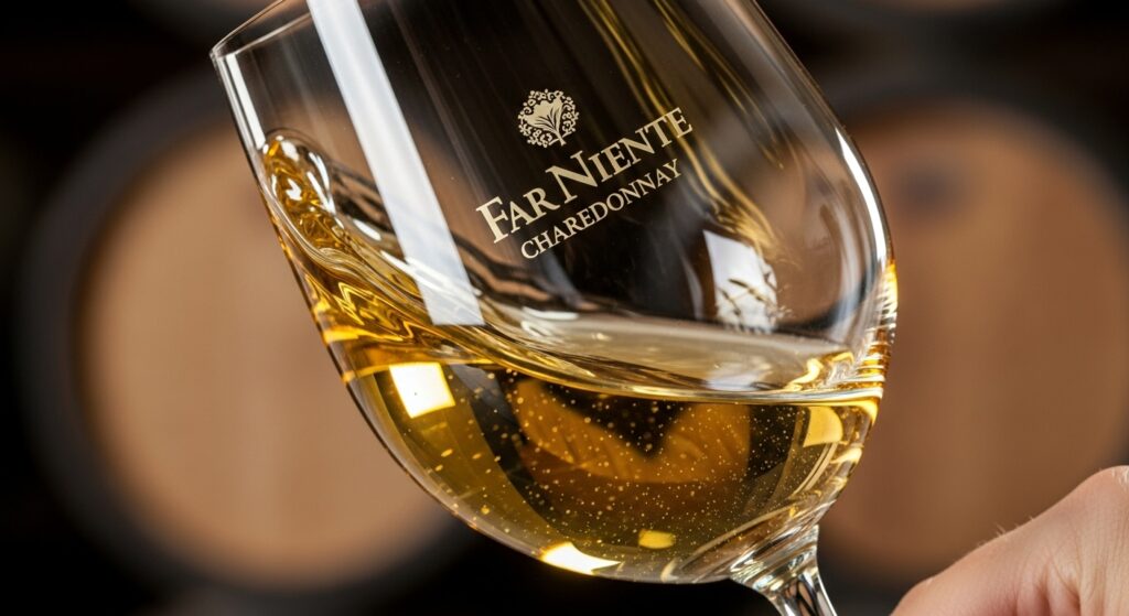 Glass of Far Niente Chardonnay being swirled, showcasing its golden color and rich texture