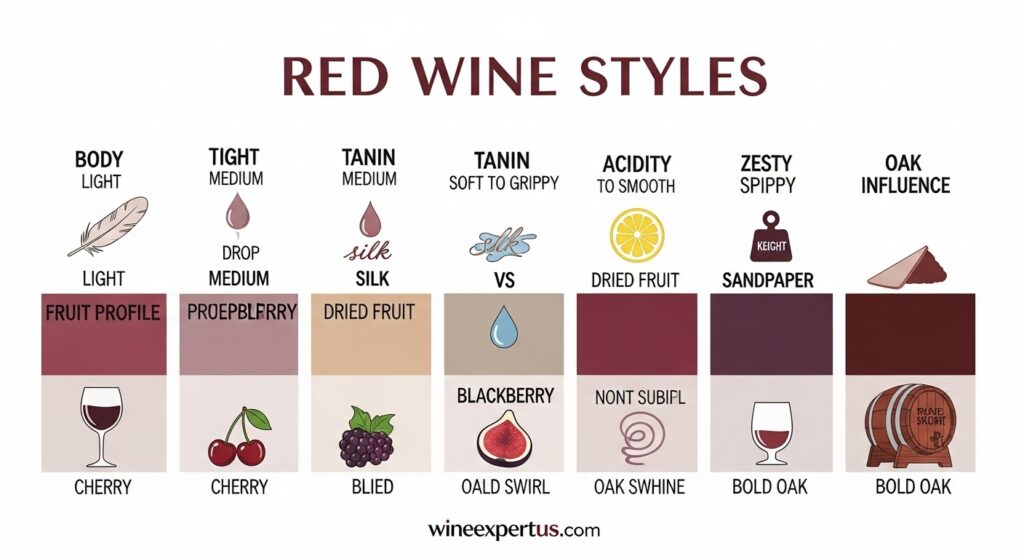  Infographic explaining key red wine characteristics body, tannin, acidity, fruit profile, and oak influence
