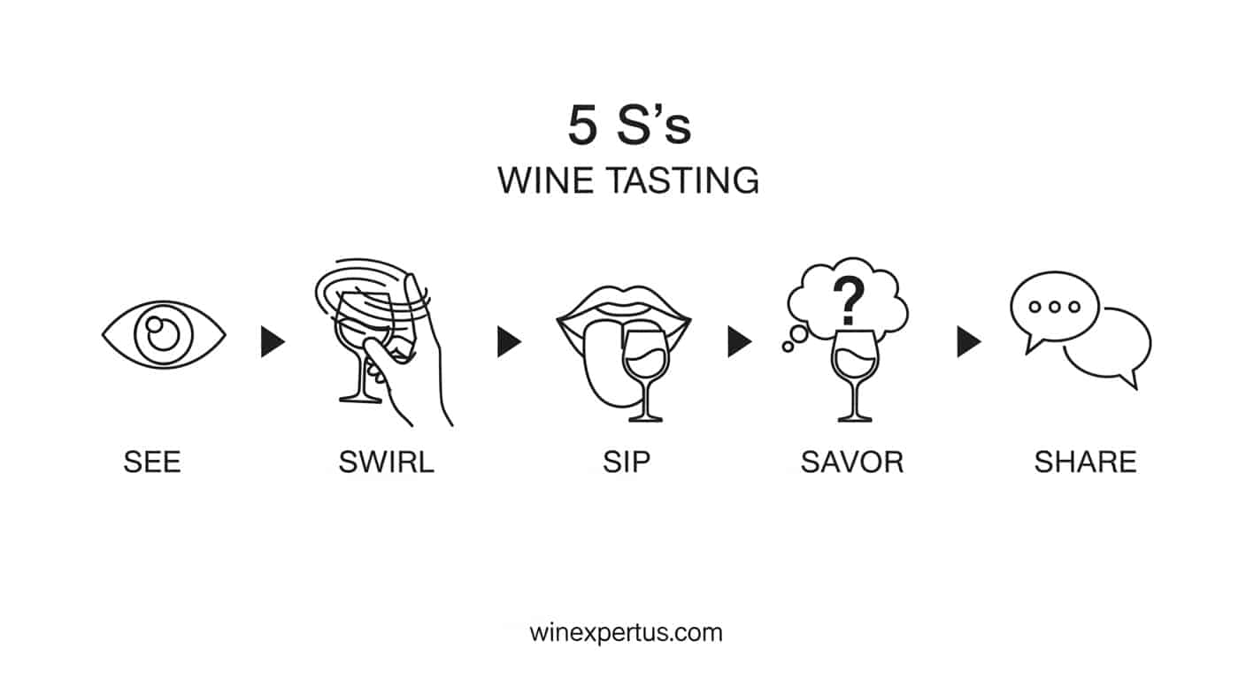 Infographic explaining the 5 S's method of wine tasting See, Swirl, Sip, Savor, Share