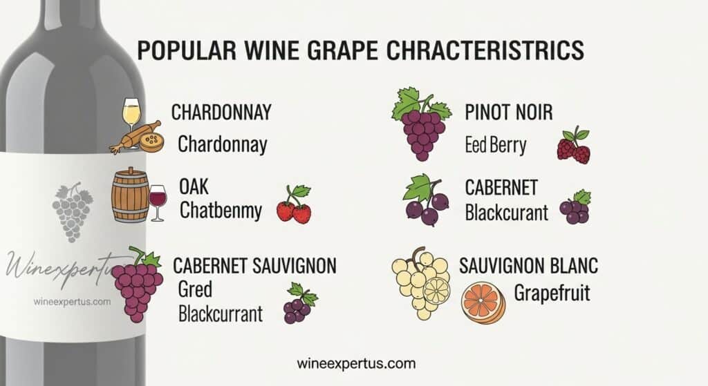 Infographic showing tasting notes and characteristics of Chardonnay, Cabernet Sauvignon, Pinot Noir, and Sauvignon Blanc grapes to help understand wine labels.