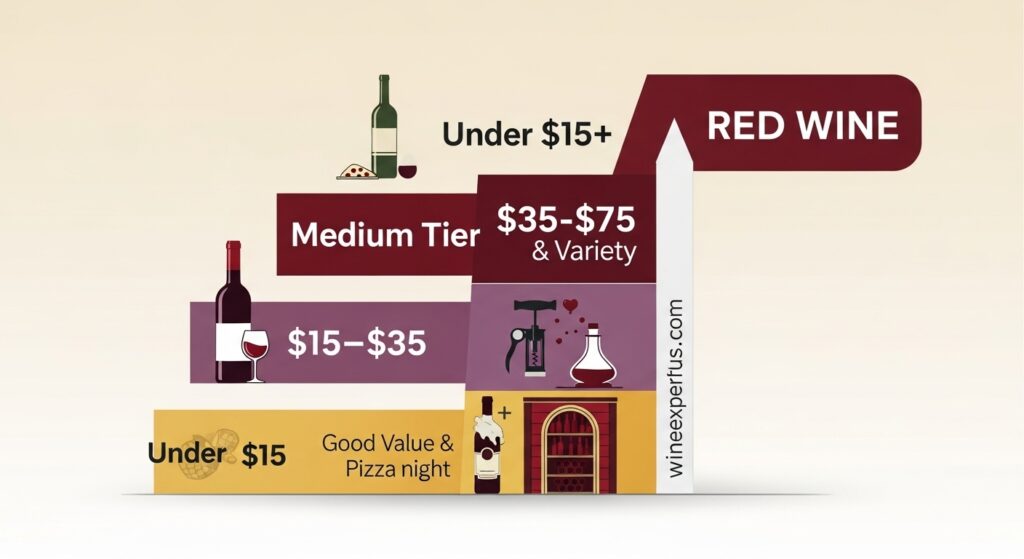 Infographic showing typical red wine price tiers in the US market.

