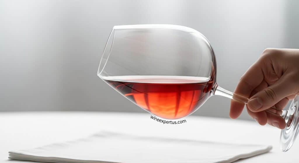 A close-up, elegant illustration of a hand gently tilting a wine glass over a white tablecloth or napkin, against a bright neutral background. The wine (white, rosé, or red – depending on style) shows reflections and clear rim variation. Natural lighting highlights the clarity and color gradient. Background blurred slightly to keep focus on the wine. Modern, clean, refined style. No text. Discreet watermark “wineexpertus.com” placed on the napkin or stem base of the glass.