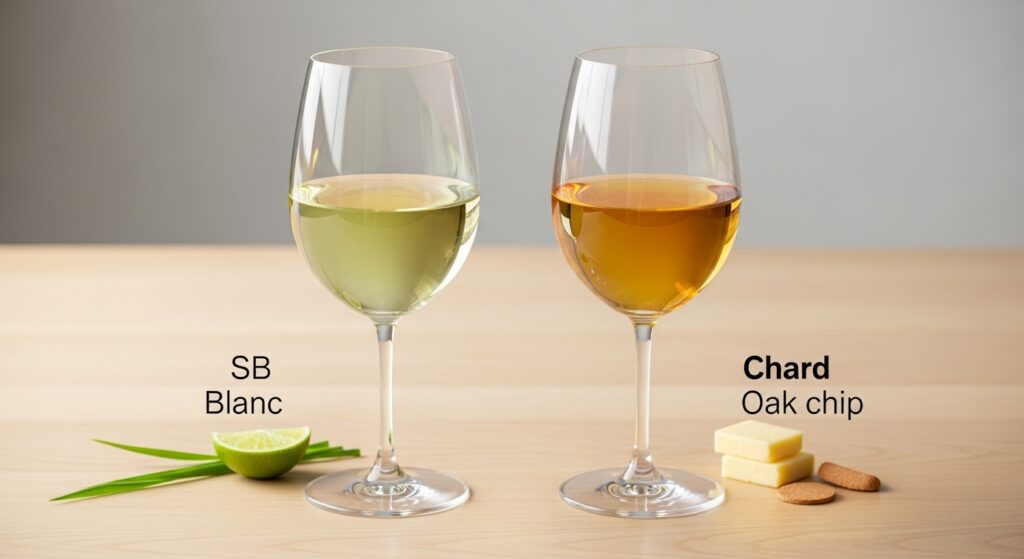 Side-by-side comparison of Sauvignon Blanc and Chardonnay in wine glasses, with distinct aroma indicators.