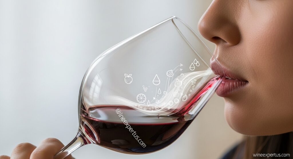 An elegant, close-up scene of a person taking a sip of red wine. Their lips gently touch the glass while the wine is visibly rolling over the tongue. The background is softly blurred, focusing on the moment of taste. Subtle visual cues suggest sensory layers (waves of flavor flowing across the tongue—fruits, spices, acidity icons). A calm, mindful facial expression (not fully shown, or cropped to preserve universality). No text. Add “wineexpertus.com” subtly engraved on the glass stem or lower corner.