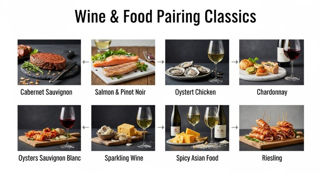 Infographic of classic wine and food pairings for popular red, white, rosé, and sparkling wines.