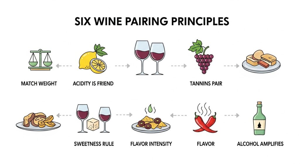  Infographic illustrating the six foundational principles of wine pairing: weight, acidity, tannins, sweetness, flavor intensity, and alcohol.