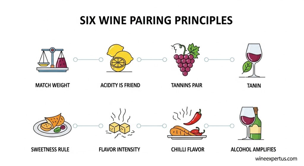 Infographic showing how food components like sweetness, acidity, salt, bitterness, umami, fat, and spice impact wine pairing.