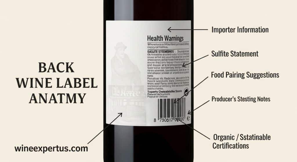 Anatomy of a wine bottle back label showing additional details and certifications relevant to understanding wine labels.
