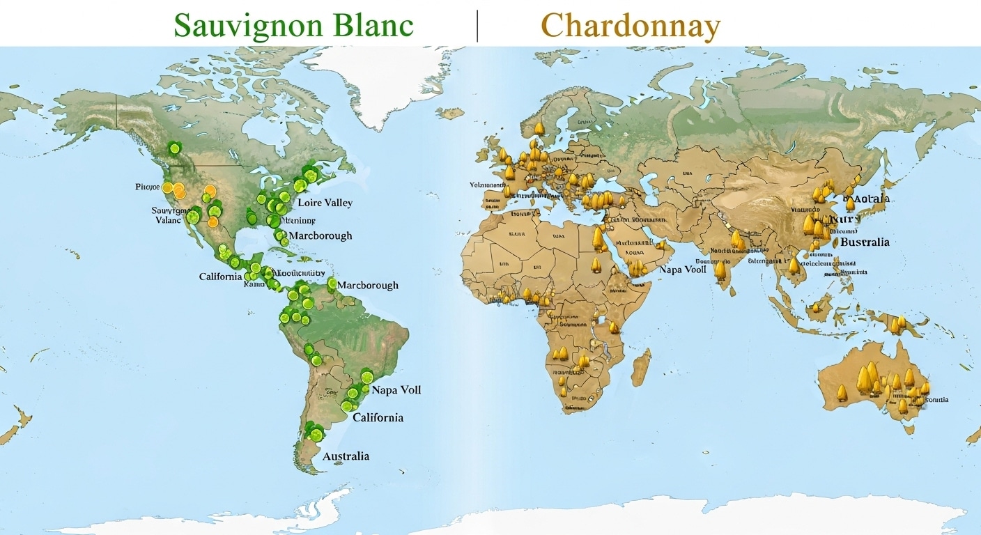 World map highlighting key Sauvignon Blanc and Chardonnay wine regions globally