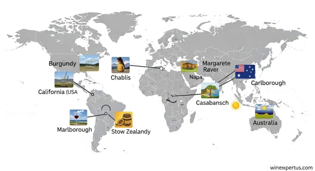 World map highlighting major Chardonnay wine regions and their characteristic styles.