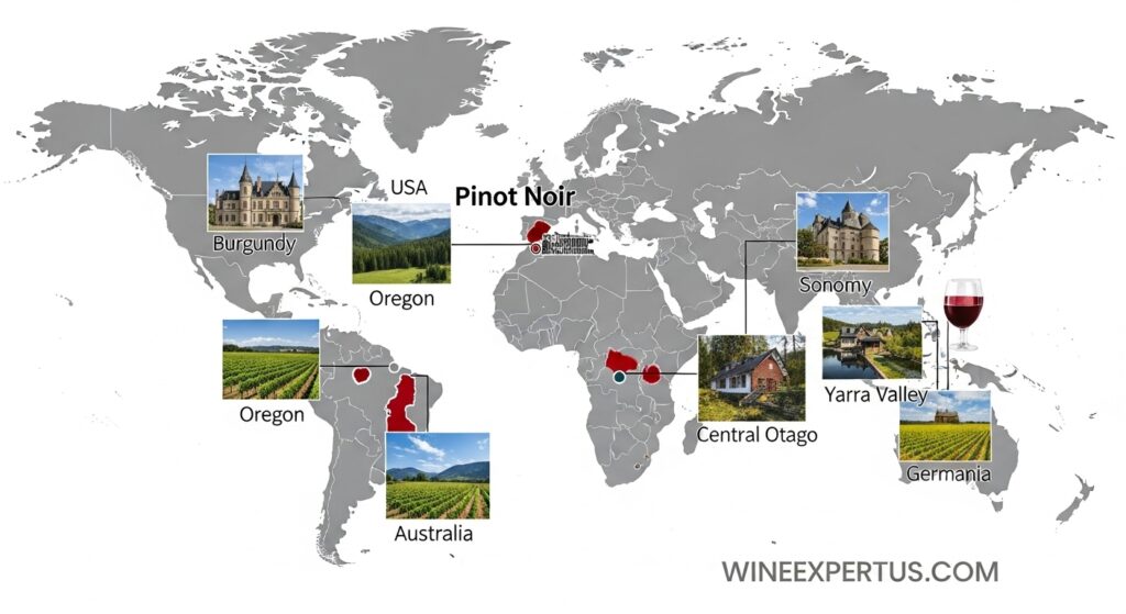 World map highlighting major Pinot Noir wine regions and their characteristic styles.