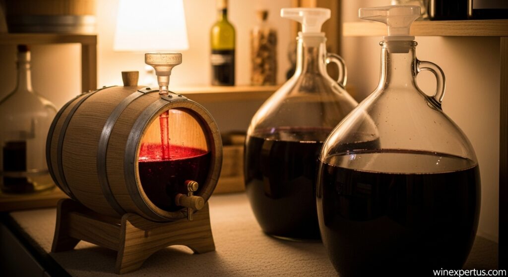 Home wine aging setup with red wine stored in oak barrels and carboys, showing air-locks and cozy cellar environment.