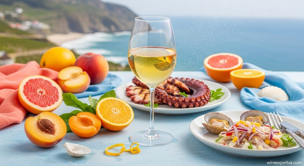Clean illustration of Albariño wine from Spain with citrus fruits, seafood dishes, and a hint of sea spray reflecting its coastal freshness.

