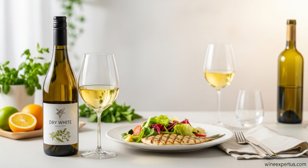 Elegant illustration of dry white wine paired with food, highlighting its versatility, freshness, and sophistication.


