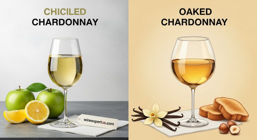 Left: A chilled, unoaked Chardonnay in a tulip glass on a stone table with green apples and lemon slices.
Right: An oaked Chardonnay in a wide-bowled glass with golden hues, sitting beside vanilla pods, toast, and hazelnuts.
Style: Clean, high-end, educational. Subtly embed “wineexpertus.com” on a napkin or wine tag. No text overlay.