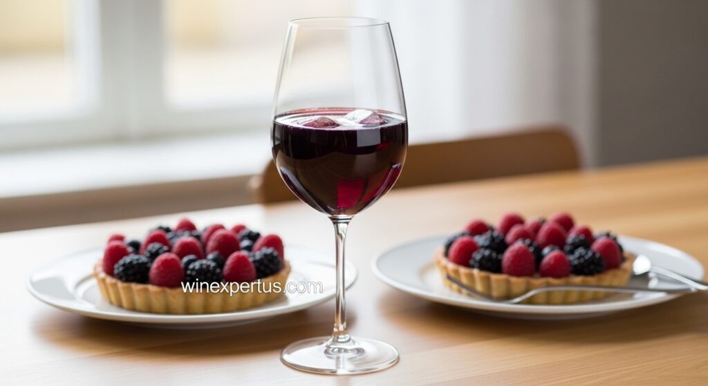 A glass of sweet German Dornfelder red wine served with a berry dessert – a juicy and refreshing pairing idea.

