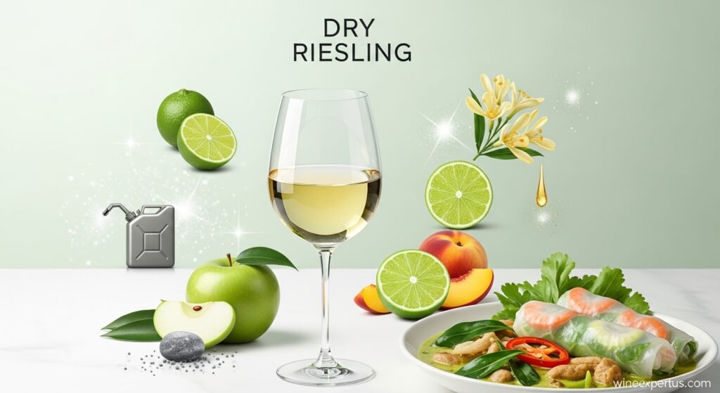 Clean illustration of dry Riesling wine with lime, peach, and spicy food pairing, highlighting its acidity and unique aging notes.

