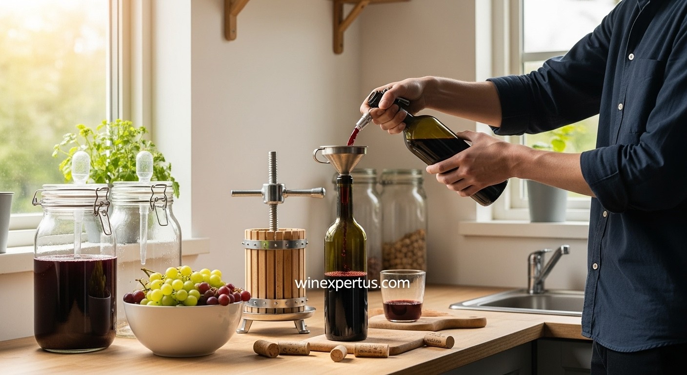 A beginner-friendly home winemaking setup with fresh grapes, wine bottles, and fermentation jars in a cozy kitchen corner.