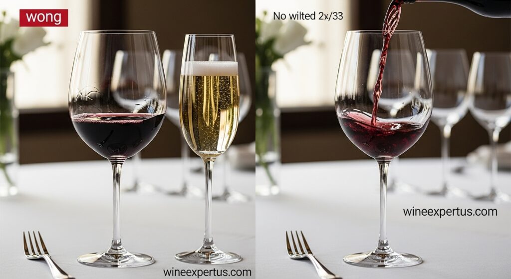 A visual comparison of overfilled wine glasses versus properly poured servings, highlighting ideal wine volume for aroma and swirling.

