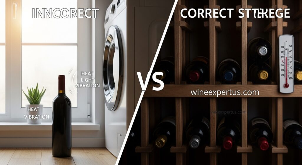 A visual comparison of wrong and correct wine storage: upright bottles in sunlight versus horizontal bottles in a dark, cool wine cellar.

