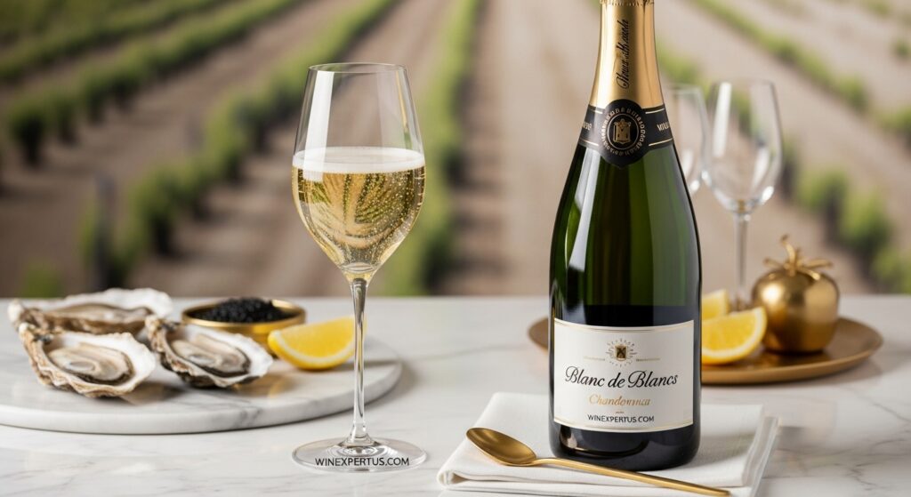 a bottle of Blanc de Blancs Champagne (Chardonnay-based), with a glass of sparkling wine capturing the fine mousse. Set the scene in a luxurious yet minimalistic setting—like a marble table with oysters or caviar, subtle gold accents, and soft natural lighting. In the blurred background, a vineyard or chalky Champagne soil texture can be hinted at. Include wineexpertus.com subtly etched onto the glass base or napkin.