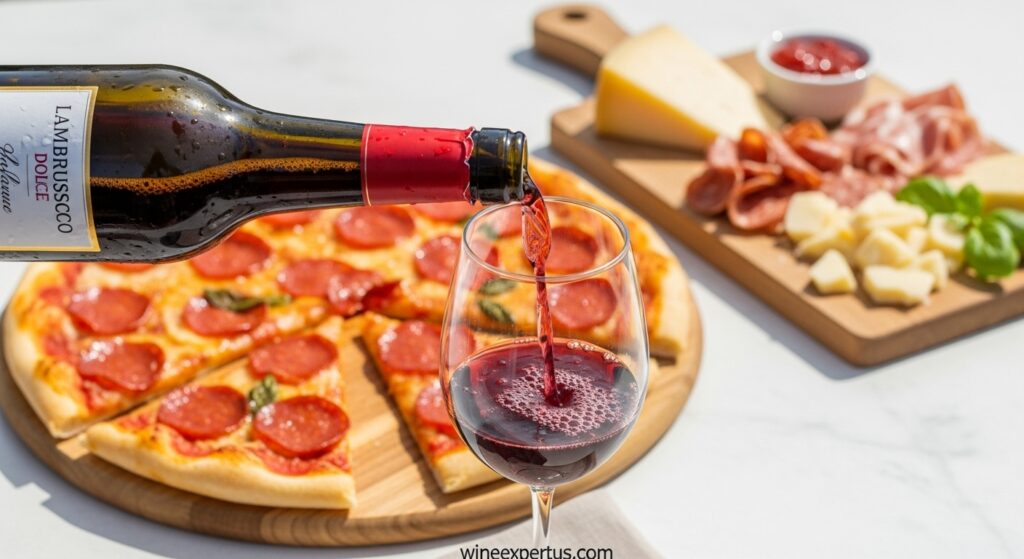 A bottle of Lambrusco Dolce being poured into a wine glass with pepperoni pizza and Italian charcuterie in the background – a perfect sweet red wine for food pairing.

