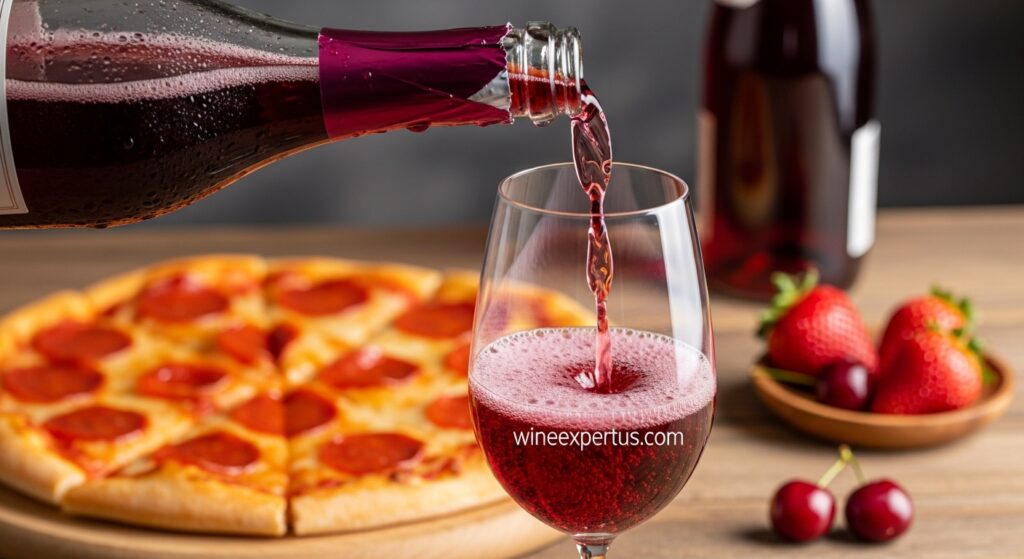 A chilled bottle of Lambrusco Dolce pouring sparkling sweet red wine into a glass, with pizza and berries in the background.

