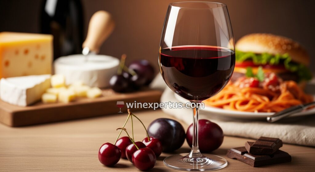 A glass of Merlot surrounded by black cherries, plums, and chocolate, highlighting its smooth, fruity character ideal for beginner red wine drinkers.

