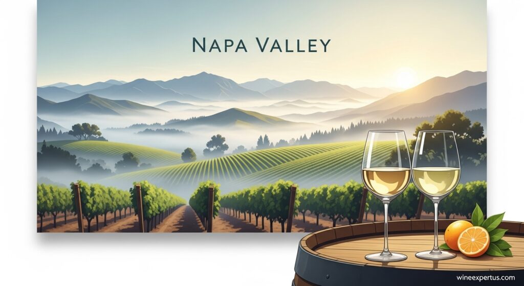 Elegant illustration of Napa Valley vineyards under morning fog with Chardonnay and Sauvignon Blanc glasses, highlighting its potential for premium white wine.

