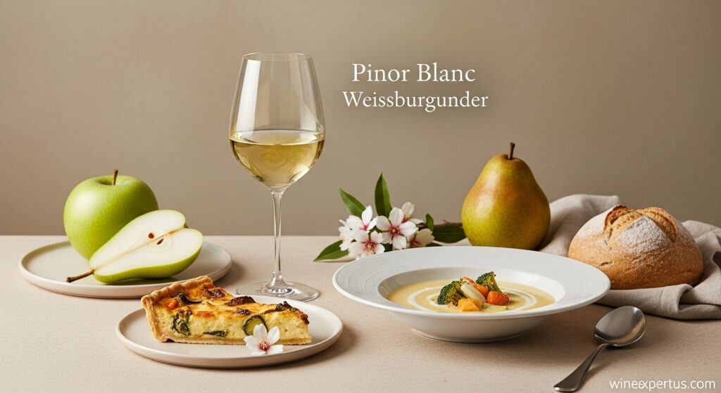 Minimalist illustration of Pinot Blanc (Weissburgunder) wine with subtle aromas like pear, almond, and ideal food pairings such as quiche or creamy soup.

