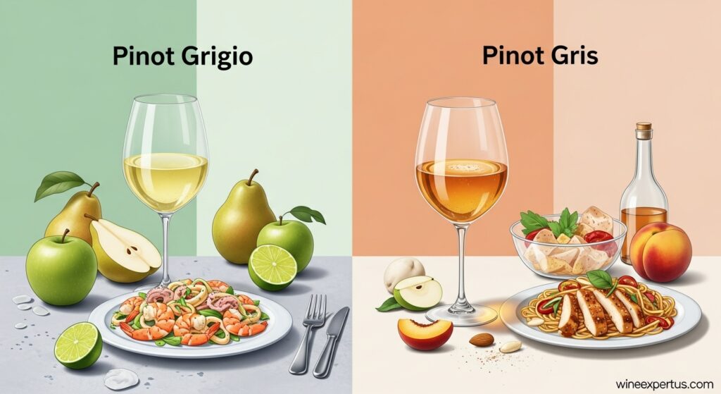 Illustration of Pinot Grigio and Pinot Gris wines with key flavors and food pairings, showing their stylistic differences.

