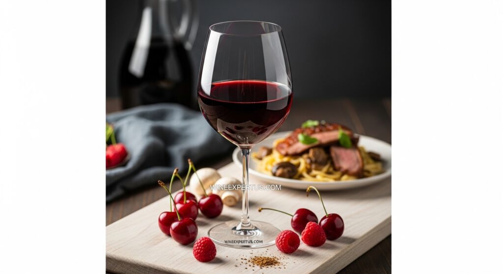 A translucent glass of Pinot Noir with red fruits and earthy hints, showcasing its approachable and elegant profile perfect for red wine beginners.

