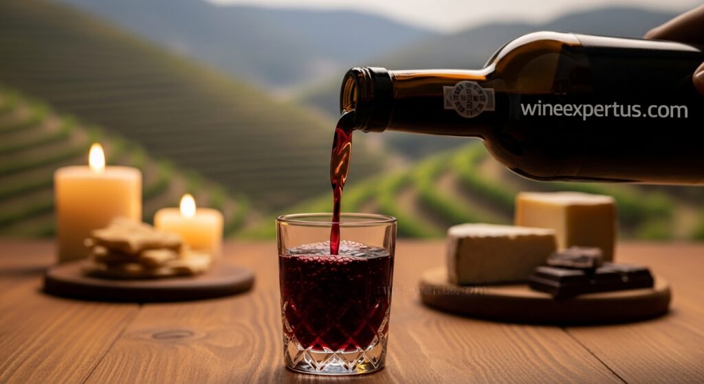 A deep ruby glass of Port wine being poured from a traditional bottle, with Douro Valley vineyard ambiance and rich, historic character.


