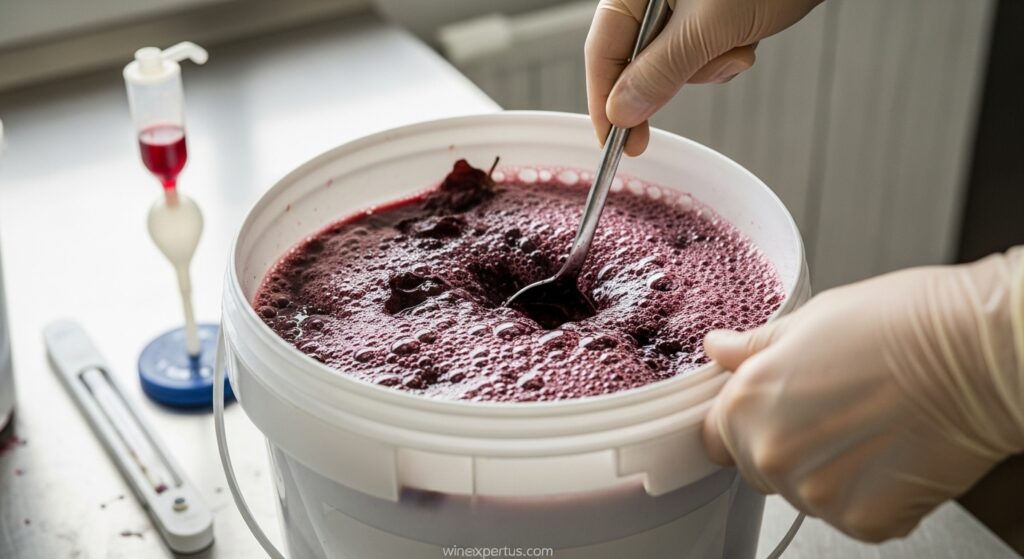 Homemade red wine primary fermentation process with grape cap and foam, showing hand punching down the cap into must inside a food-grade bucket.