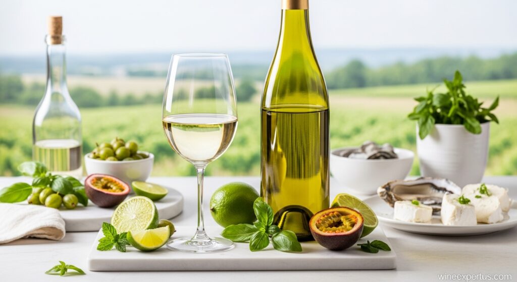 Modern illustration of Sauvignon Blanc wine with fresh ingredients and food pairing, highlighting its zesty aromas and vibrant acidity.

